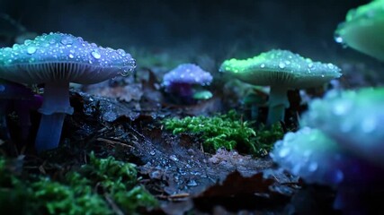 Extreme close up of individual glowing mushroom stalks emerging from mossy ground, showcasing vibrant, otherworldly colors and gentle light pulsing. Detail - Powered by Adobe