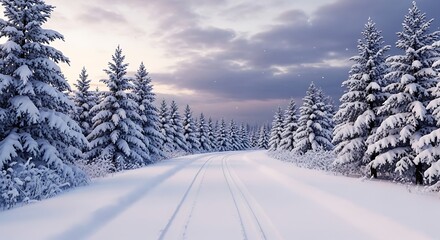 Winter wonderland serene road through snow covered evergreen forest trees