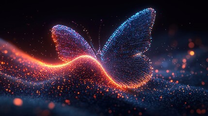 Digital butterfly, glowing particles on a wavy light trail, dark abstract background
