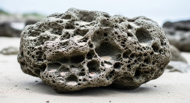Detailed shot of a grey, weathered, porous rock with many holes on beach sand - Powered by Adobe