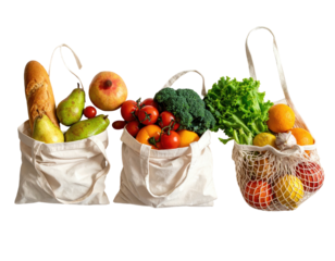 Groceries in reusable cloth bags