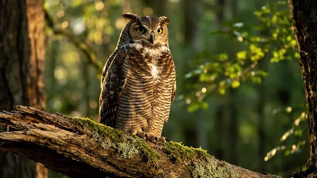 Dynamic close up of an owl's intricate feather patterns and textures, highlighting the beauty and detail of its plumage in natural, dappled light. Detailed texture and plumage