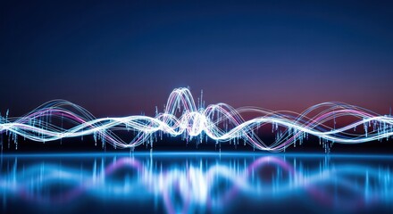 Dynamic blue and pink luminous waveforms reflecting on a glossy surface against a dark sky