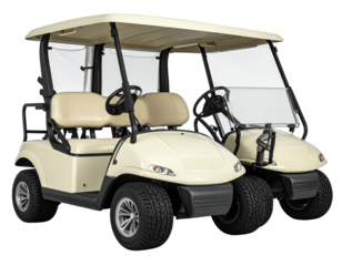Two cream-colored golf carts; outdoorsy transport