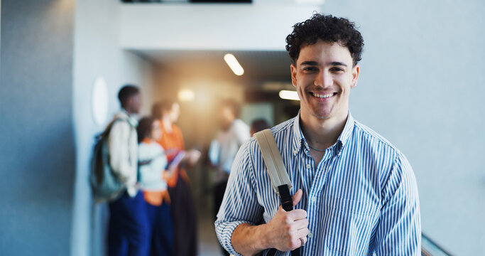 Smile, portrait or man in college with bag, knowledge and scholarship in study opportunity. Happy, flare and student in university with backpack, education and confidence in academic funding.