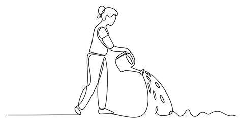 Continuous line drawing of a woman watering plants with a watering can, depicting gardening, care, growth, and a sustainable lifestyle concept.