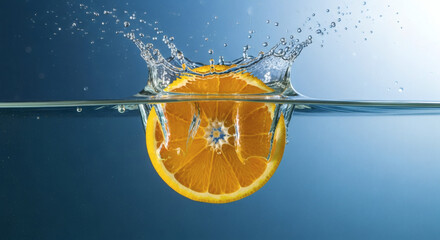 A perfectly sliced, juicy orange half submerged in clear water, causing dynamic splash action.