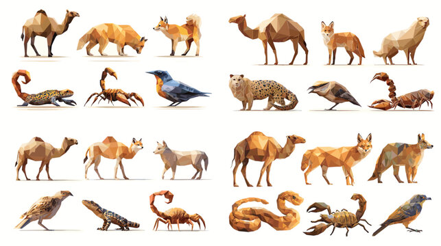 A striking low poly illustration set featuring desert animals including camels, foxes, scorpions and birds. Perfect for wildlife themes, geometric art, educational visuals and modern nature projects.
