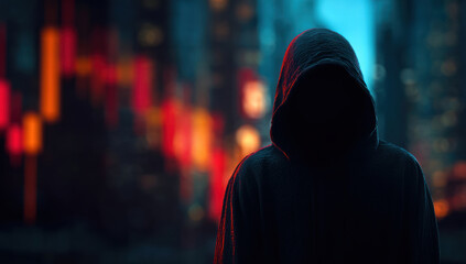 An enigmatic figure in a hooded sweatshirt stands before a fluctuating financial graph, symbolizing the volatile world of cryptocurrency and potential risks.
