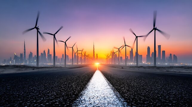 Straight asphalt road leading to glowing sunset with wind turbines, renewable energy landscape symbolizing sustainable future and green technology