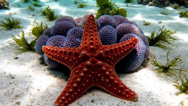 Illustrating the profound serenity and ecological importance of starfish amidst a thriving underwater environment, emphasizing marine biodiversity and natural balance.