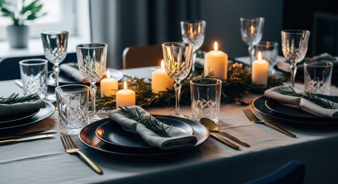 Elegantly set dining table with flickering candles, crystal glasses, rosemary sprigs, and gold cutlery