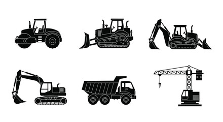 Black silhouette icons depicting various heavy construction machinery and equipment