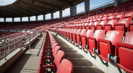 Empty rows of bright red plastic seats in a large, modern outdoor stadium venue
