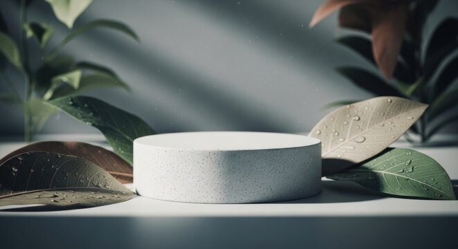 Empty white stone podium surrounded by vibrant wet leaves on a sunlit grey background