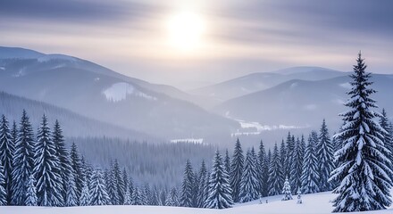 Winter wonderland majestic mountain scenery with snow covered pine trees