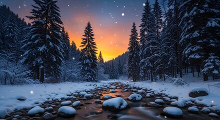 Picturesque winter landscape with river flowing through snowy forest at dusk