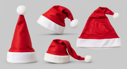 A festive collection of four classic red and white Santa Claus hats, isolated on a neutral background as a symbol of the Christmas holiday season