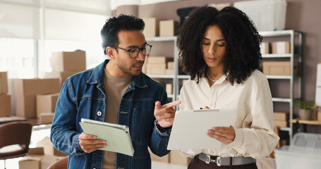 Tablet, documents and business people in meeting for supply chain, online orders or shipping...