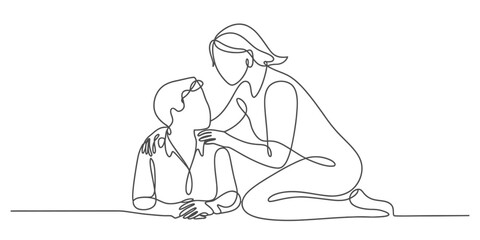 Continuous line drawing of a caring mother comforting her beloved child, illustrating a tender moment of support and deep family bond, simple art