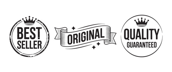 Set of vector badges with crown ribbon and text including best seller original and quality guaranteed ideal for product promotion and branding