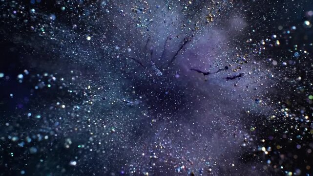 High definition footage of an ephemeral, non destructive explosion, emphasizing texture, light refraction, and the delicate dance of fragmented elements.