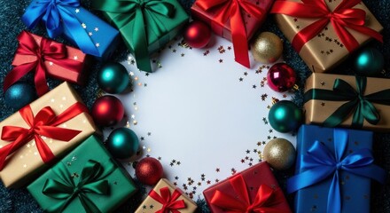Festive frame of colorful wrapped gifts, ornaments, and confetti around a central white copy space