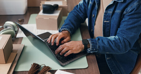Ecommerce, man or hands in office with laptop for online order confirmation, shipping email or info. Above, person and typing with computer for customer update, supply chain plan or export logistics.