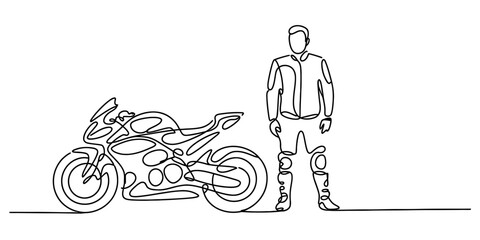 Continuous line drawing of a motorcycle rider in a protective suit standing next to a sport bike on a white background