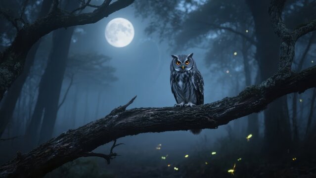Owl perched on a tree branch in a moonlit forest with glowing fireflies