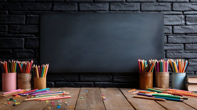 Empty black chalkboard with colorful pencils and books on wooden desk against brick wall, education and creative back-to-school background concept