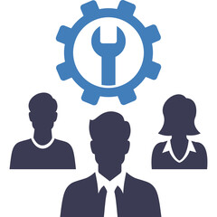 Teamwork Concept Represented By Silhouettes Of Three People With A Blue Gear And Wrench Symbol Above Their Heads On A Transparent Background