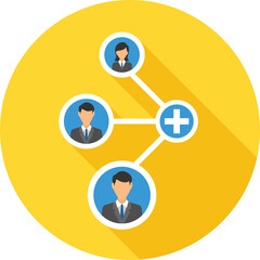 Teamwork Connection Representing Business Networking and Collaboration With Plus Symbol and People Icons on Yellow Circular Background With Long Shadow