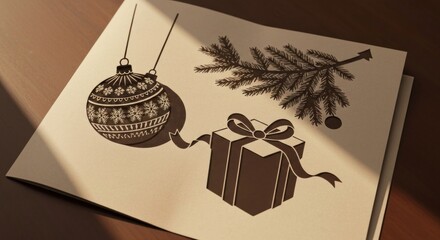 Festive sepia sketches patterned bauble, pine branch, and a ribboned present
