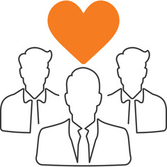 Teamwork Heart Orange Icon Representing Collaboration and Unity In A Business Setting With Outline Silhouettes Of Three Men Above Orange Heart Symbol And Clear Background