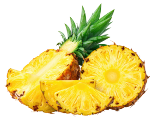 Sliced pineapple, half, round, & wedge cuts, spiky leaves