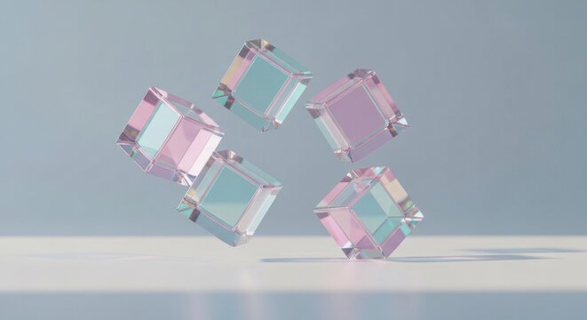 Five iridescent, levitating glass cubes reflecting pink and blue light in a clean, minimal scene - Powered by Adobe