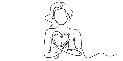 Continuous line drawing of a person gracefully holding a heart, symbolizing love, care, emotional connection, and empathy on a clean isolated.