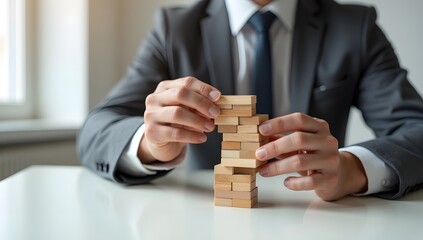 Building Success Man Strategically Assembling Wooden Blocks, Symbolizing Business Growth, Stability, and Thoughtful Planning for a Solid Foundation
