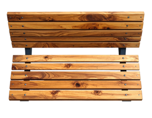 Wooden bench with slats and dark metal supports