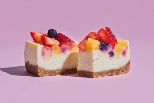 Slice of creamy cheesecake topped with fresh berries and fruit pieces on pastel pink background