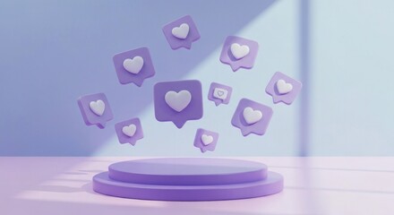 Floating purple heart icons over a pastel podium, signifying digital engagement and popularity
