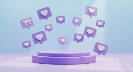 Floating purple heart and comment icons above a circular podium on a blue background