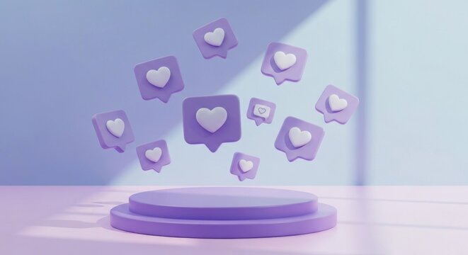 Floating purple heart icons over a pastel podium, signifying digital engagement and popularity - Powered by Adobe