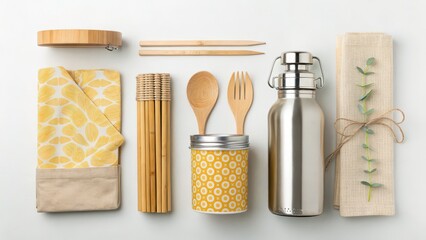 Stylish sustainable living with reusable containers, utensils, and wraps for eco-friendly lifestyle choices and reducing waste in chic, modern homes