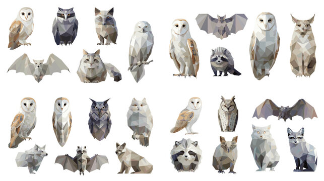 A low poly wildlife collection featuring owls, bats, lynx, wolves and raccoons. Artistic geometric illustrations perfect for forest themes, nature education and creative projects.