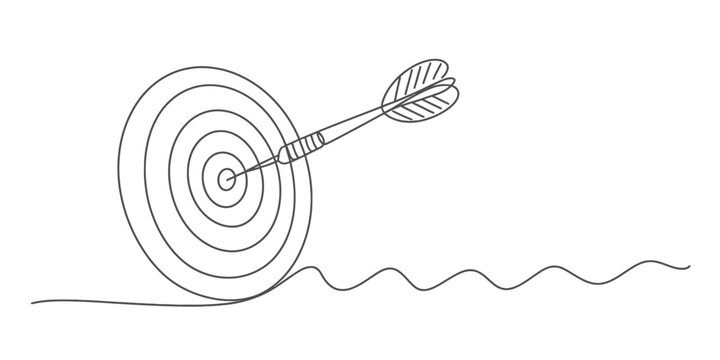 Continuous line drawing of a dart hitting the bullseye on a target, symbolizing business success, goal achievement, and precise strategy.