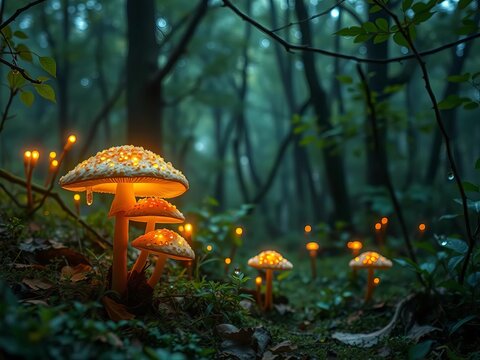 Enchanted forest clearing with glowing mushrooms and sparkling dew drops,  glowing,  dew
