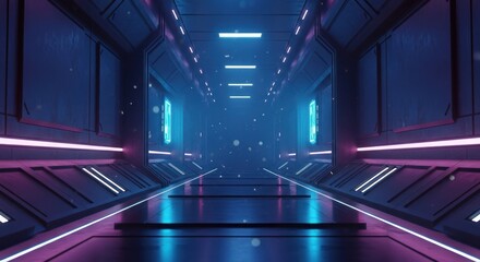 Futuristic neon-lit corridor with glowing particles, symmetrical sci-fi tunnel perspective