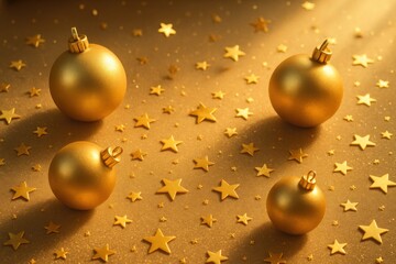 Four shimmering golden ornaments and scattered stars on a festive golden surface